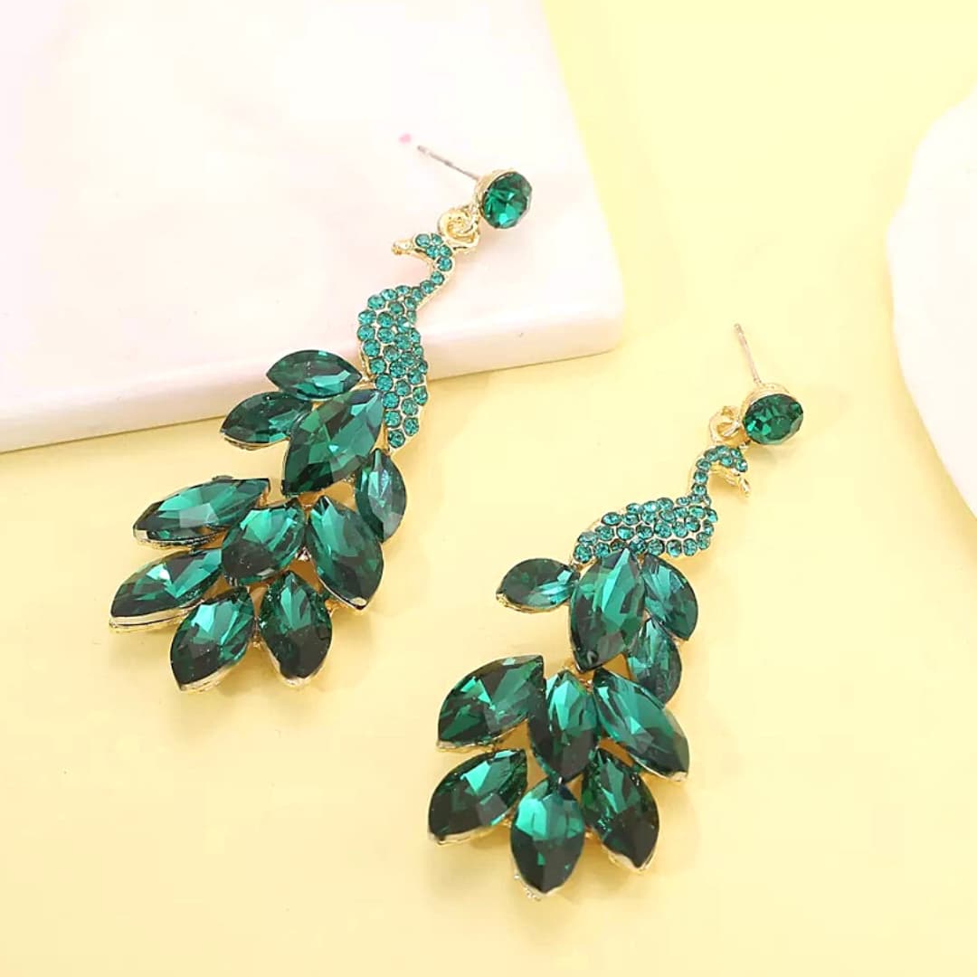 Dark Green Luxurious Rhinestone Peacock Earrings - Ella Moore