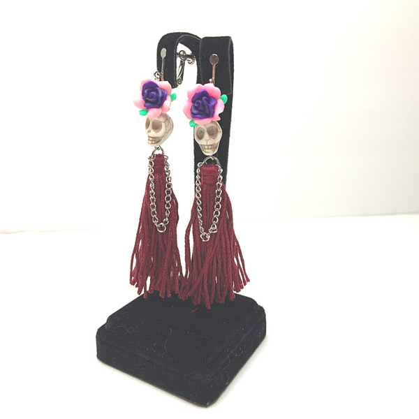 Dark Red Flower Lady Handmade Tassel Skull Skeleton Clip On Earrings - Ella Moore