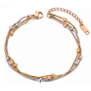 Delicate Stainless Steel Beaded Three Chain Tri-Color Bracelet - Ella Moore