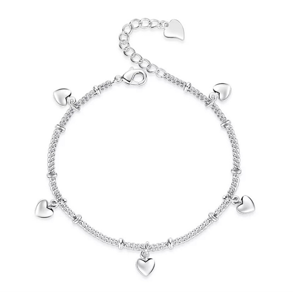 Delicate Sterling Silver 5 Heart Charm Bracelet