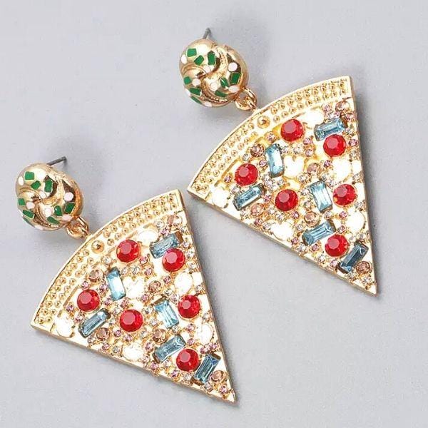 Delicious Gold Rhinestone Dangle Pizza Earrings - Ella Moore