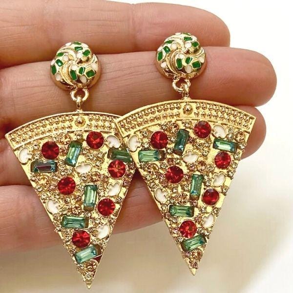 Delicious Gold Rhinestone Dangle Pizza Earrings - Ella Moore