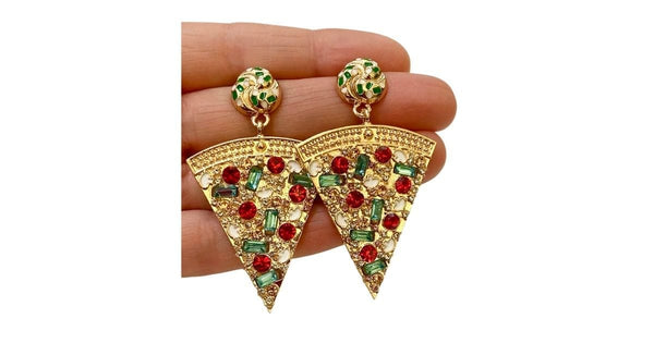 Delicious Gold Rhinestone Dangle Pizza Earrings - Ella Moore