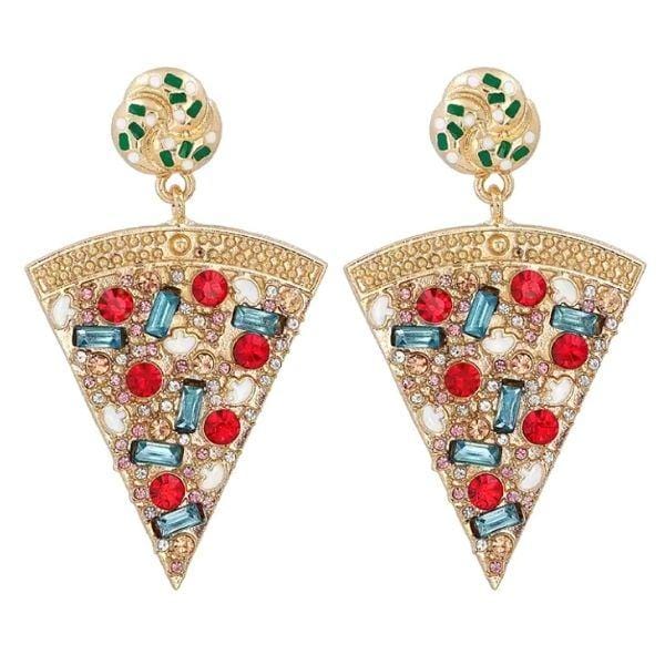 Delicious Gold Rhinestone Dangle Pizza Earrings - Ella Moore