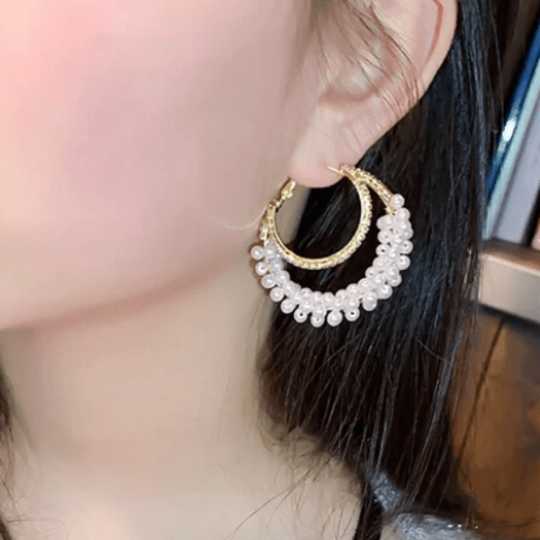 Stunning Double CZ & Pearl Women Gold Hoop Earrings - Ella Moore