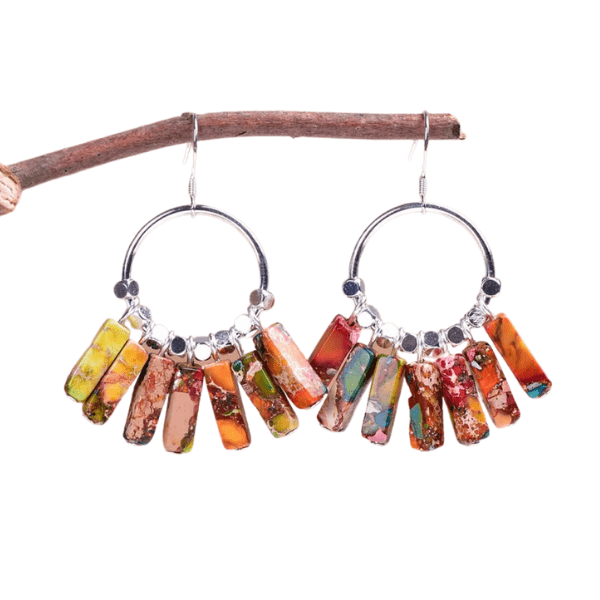 Bohemian Natural Jasper Stone Sterling Silver Hoop Earrings