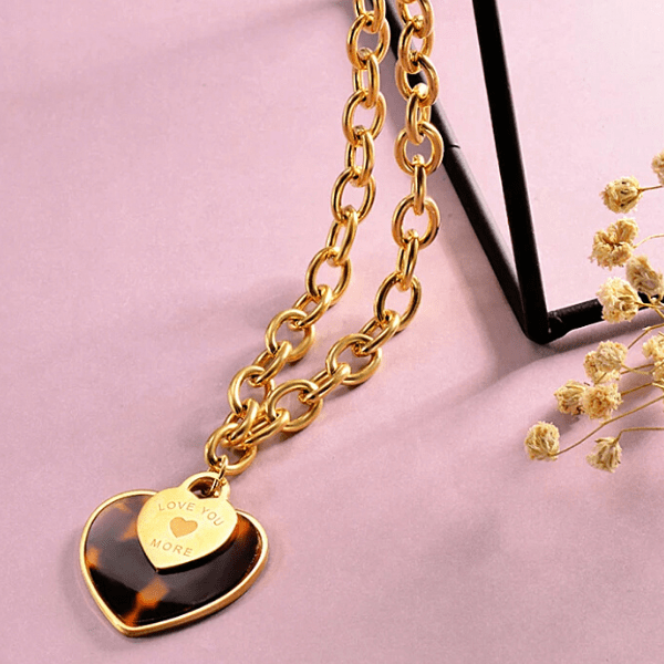 Engraved Brown Leopard Gold Heart Pendant Necklace & Earrings Set - Ella Moore
