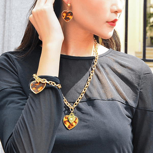 Engraved Brown Leopard Gold Heart Pendant Necklace & Earrings Set - Ella Moore