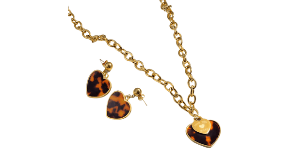 Engraved Brown Leopard Gold Heart Pendant Necklace & Earrings Set - Ella Moore