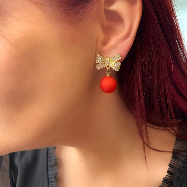 Festive Red Ornament Ball Crystal Ball Bow Stud Earrings - Ella Moore