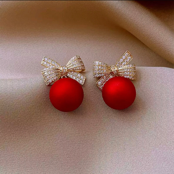 Festive Red Ornament Ball Crystal Ball Bow Stud Earrings - Ella Moore