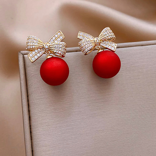 Festive Red Ornament Ball Crystal Ball Bow Stud Earrings - Ella Moore