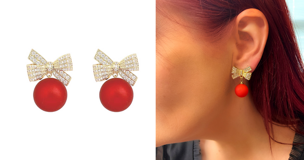 Festive Red Ornament Ball Crystal Ball Bow Stud Earrings - Ella Moore