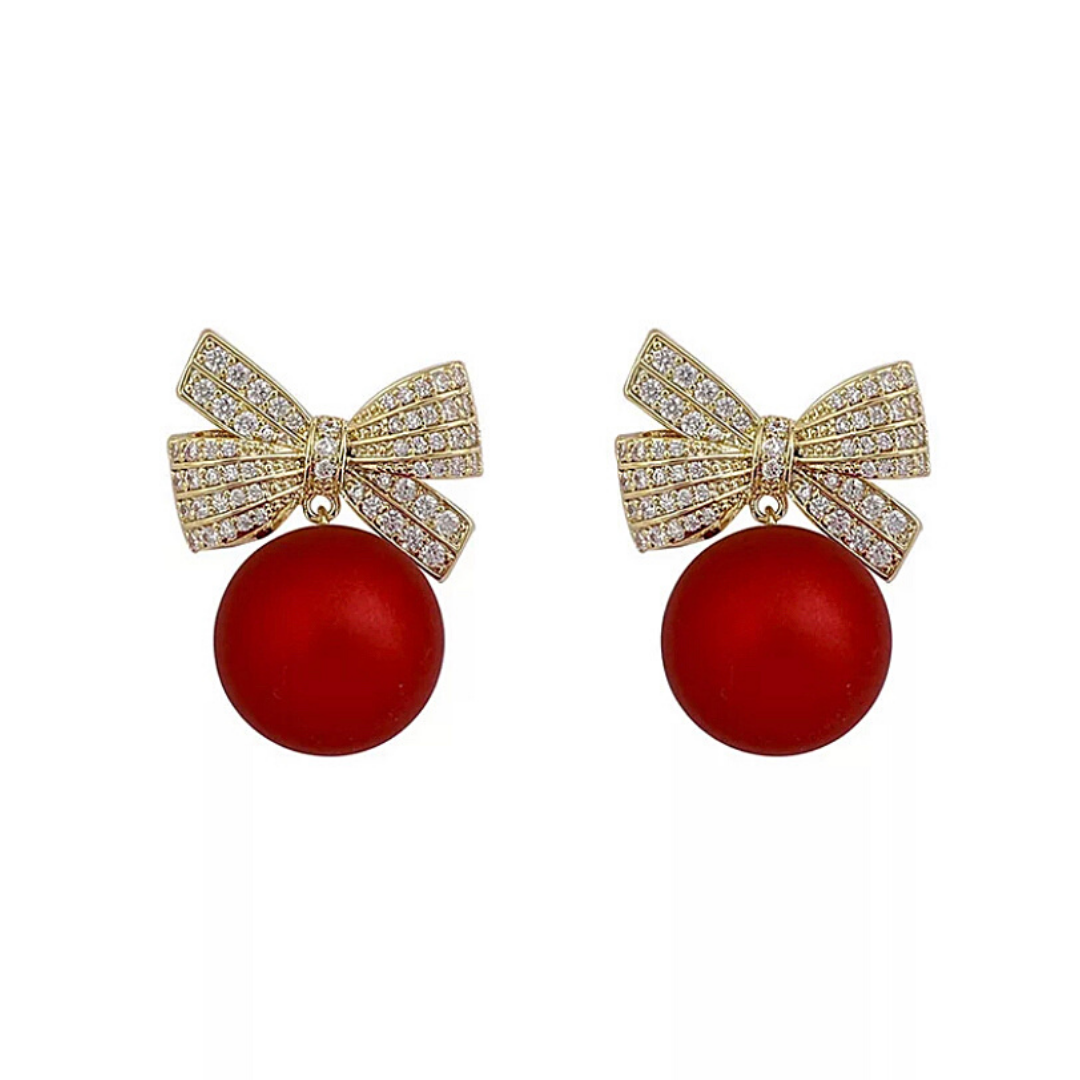 Festive Red Ornament  Ball Crystal Ball Bow Stud Earrings - Ella Moore
