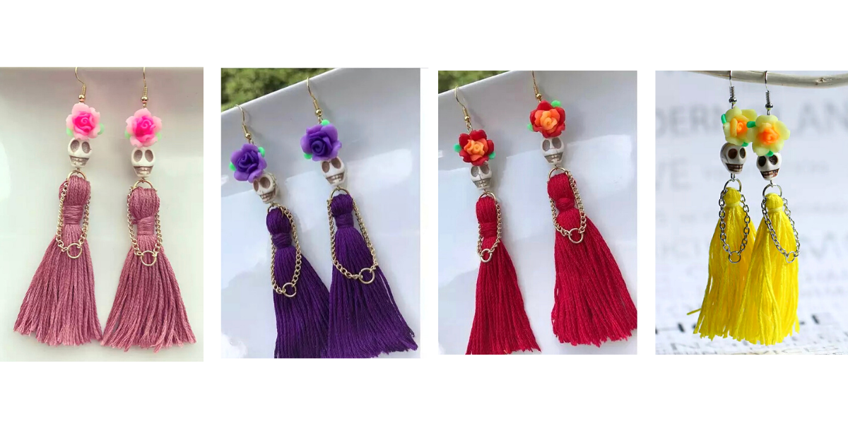  Flower Lady Handmade Tassel Skeleton Skull Earrings - Ella Moore