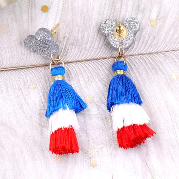 Patriotic Fourth of July Red White Blue Jubilant Mouse Three Color Tassel Earring - Ella Moore