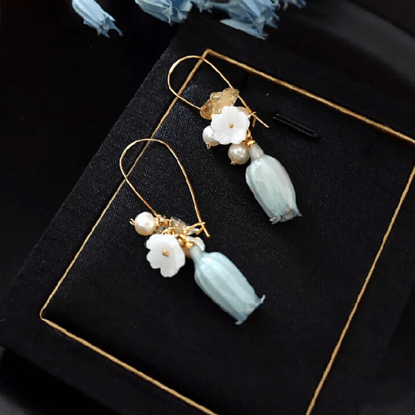 Delicately Exquisite Hand-made Freshwater Pearl & Real Blue Trumpet Rose Gold Earrings - Ella Moore