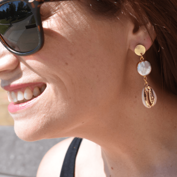 Gold, Freshwater Pearl & Cowrie Dangling Sea Shell Earrings - Ella Moore