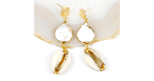 Gold, Freshwater Pearl & Cowrie Dangling Sea Shell Earrings - Ella Moore