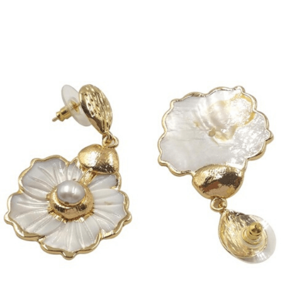 Gold Freshwater Pearl Floral Dangling Sea Shell Earrings -Ella Moore
