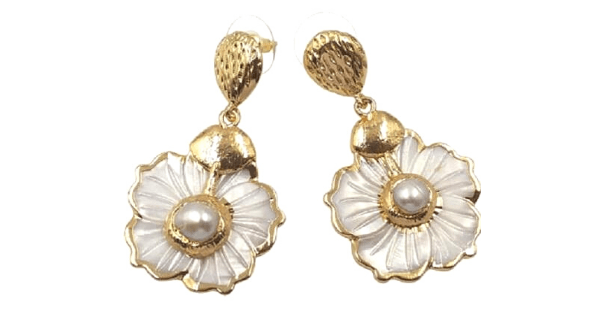 Gold Freshwater Pearl Floral Dangling Sea Shell Earrings -Ella Moore