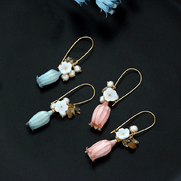 Delicately Exquisite Hand-made Freshwater Pearl & Real Blue  & Pink Trumpet Rose Gold Earrings - Ella Moore