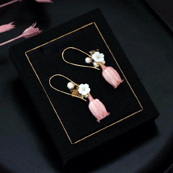 Delicately Exquisite Hand-made Freshwater Pearl & Real Pink Trumpet Rose Gold Earrings - Ella Moore