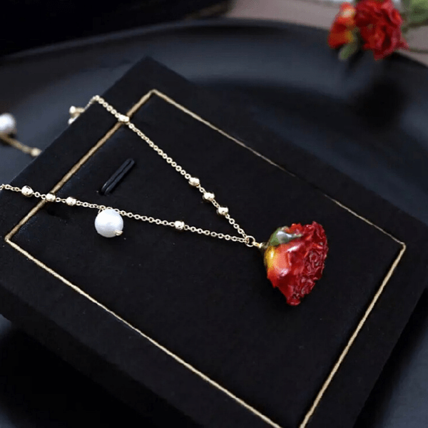 Enchanting Freshwater Pearl & Real Red Rose Gold Necklace - Ella Moore
