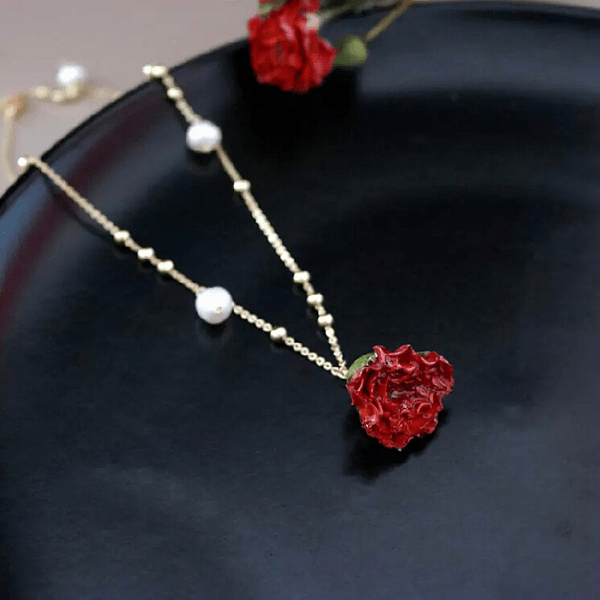 Enchanting Freshwater Pearl & Real Red Rose Gold Necklace - Ella Moore