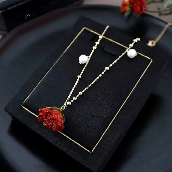 Enchanting Freshwater Pearl & Real Red Rose Gold Necklace - Ella Moore