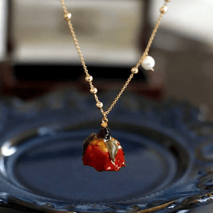 Enchanting Freshwater Pearl & Real Red Rose Gold Necklace - Ella Moore