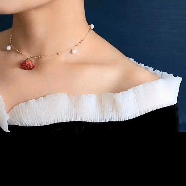 Enchanting Freshwater Pearl & Real Red Rose Gold Necklace - Ella Moore