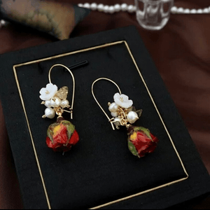 Delicately Exquisite Hand-made Freshwater Pearl & Real Red Rose with Green Leaves Gold Earrings - Ella Moore