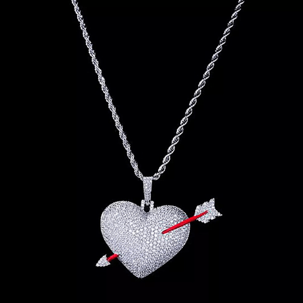 Glamorous Large Bold Sparkling Silver Heart Pendent Necklace with cupids arrow - Ella Moore
