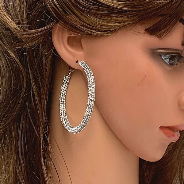 Glittering Extra Large Silver Rhinestone Hoop Earrings - Glittering Extra Large Silver Rhinestone Hoop Earrings - Ella Moore