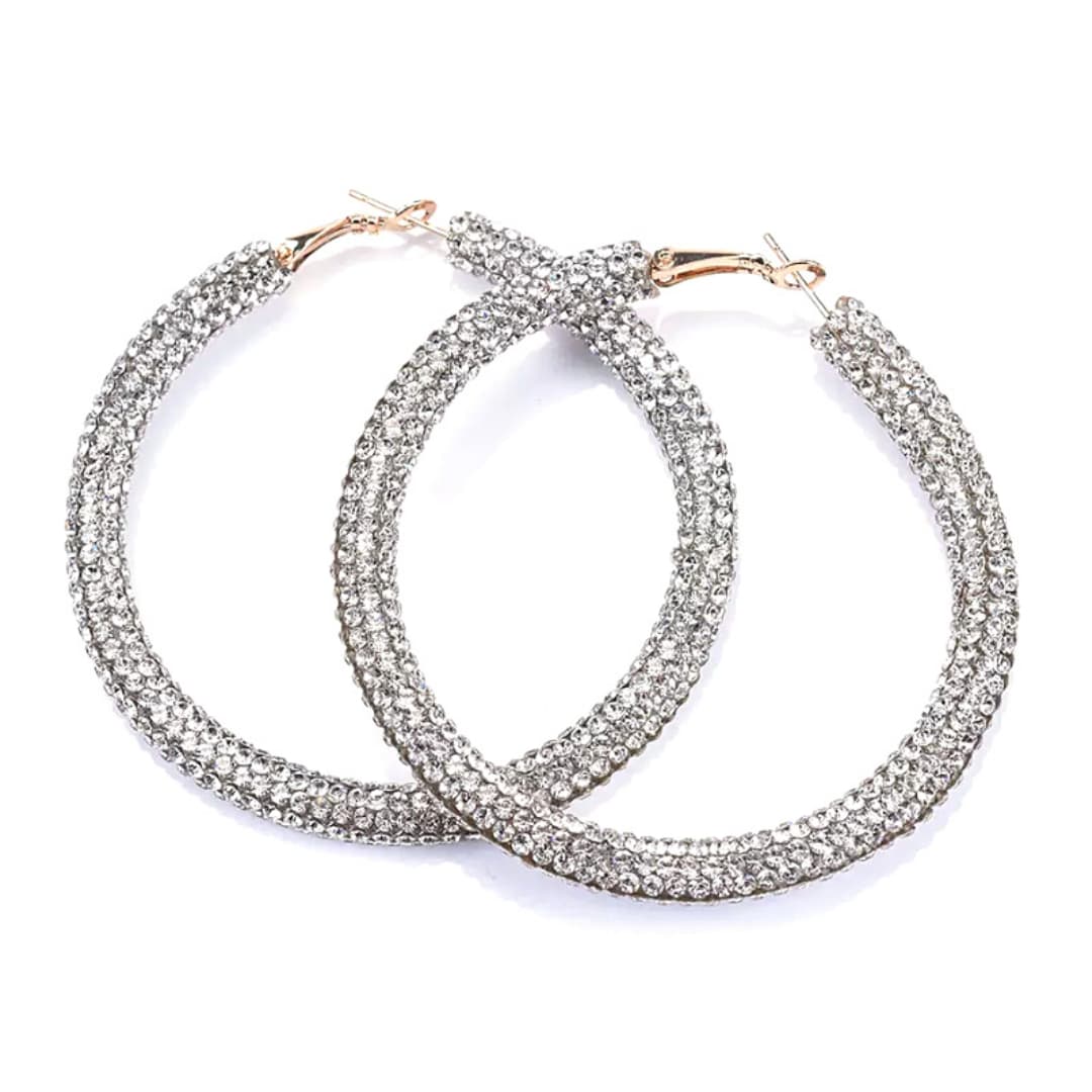 Glittering Extra Large Silver Rhinestone Hoop Earrings - Ella Moore