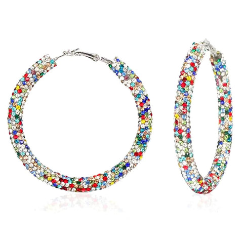 Glittering Extra Large White Colorful Firecracker Rhinestone Hoop Earrings