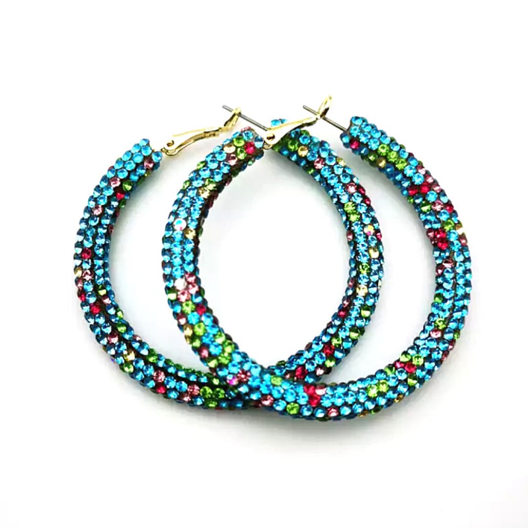 Glittering Large Blue Red Green Fireworks Rhinestone Hoop Earrings - Ella Moore