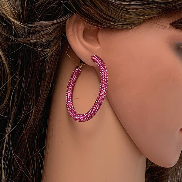 Glittering Large Hot Pink Rhinestone Hoop Earrings - Ella Moore