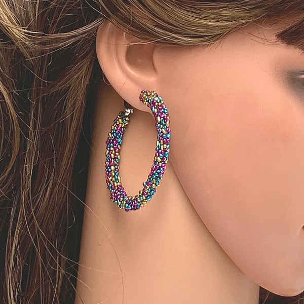 Large Mardi Gras Beaded Hoop Earrings - Ella Moore