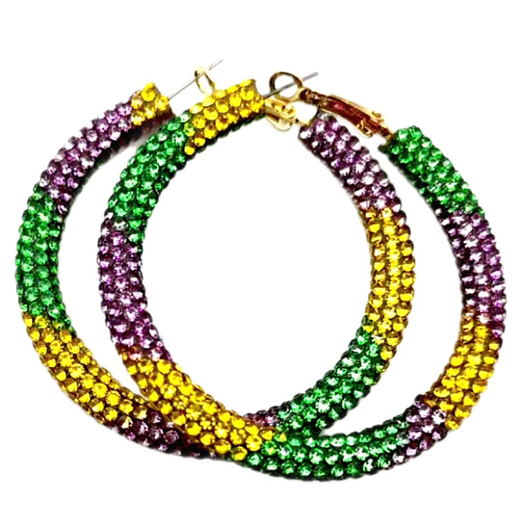 Glittering Large Mardi Gras Rhinestone Hoop Earrings - Ella Moore