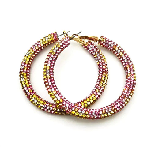 Glittering Large Pink Yellow Lemonade Rhinestone Hoop Earrings - Ella Moore