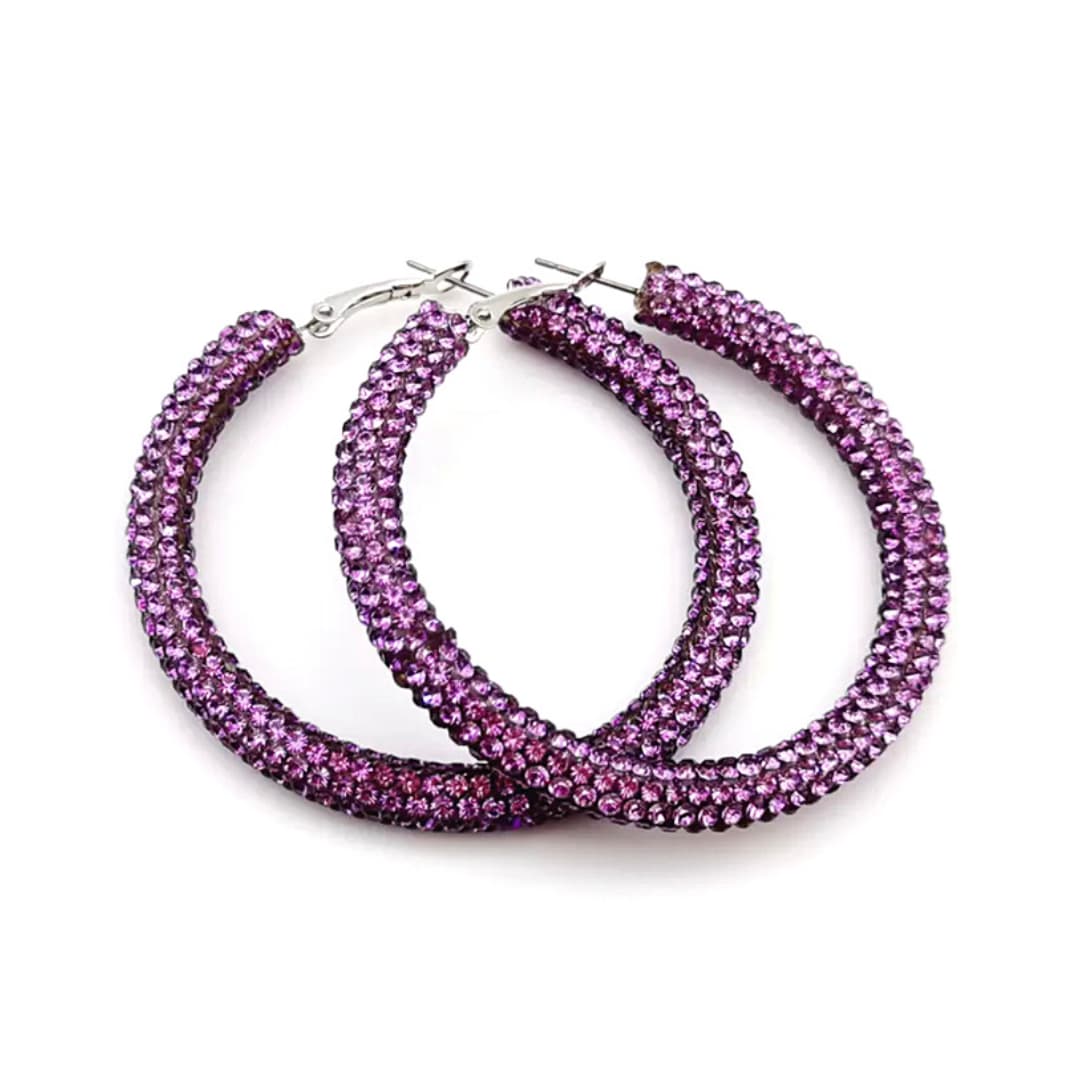 Glittering Large Purple Rhinestone Hoop Earrings