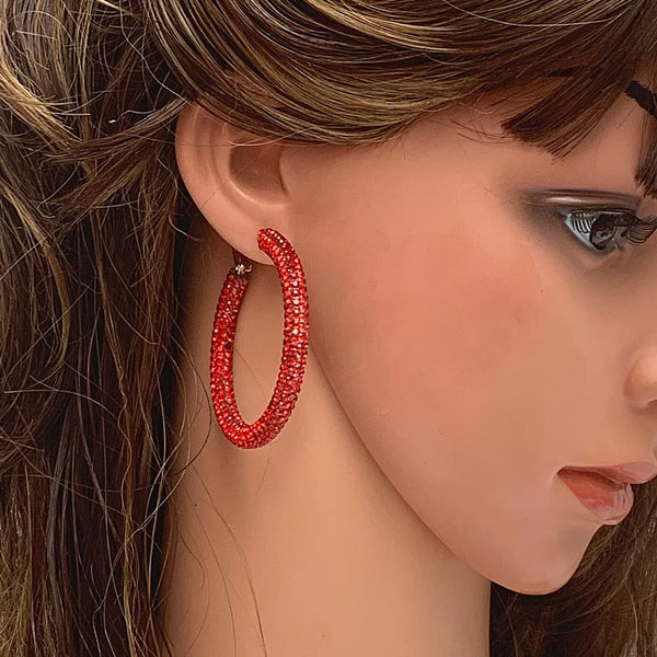 Glittering Large Red Rhinestone Hoop Earrings - Ella Moore