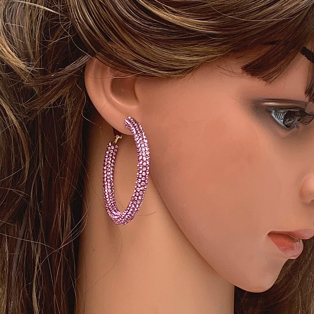 Glittering Large Rose Pink Rhinestone Hoop Earrings - Ella Moore