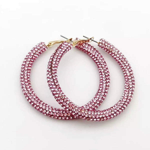 Glittering Large Rose Pink Rhinestone Hoop Earrings - Ella Moore