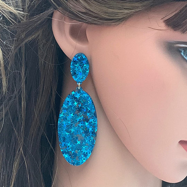 Glitzy Eye-Catching Blue OVAL Acrylic Earrings - Ella Moore