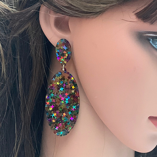 Glitzy Eye-Catching Confetti OVAL Acrylic Earrings - Ella Moore