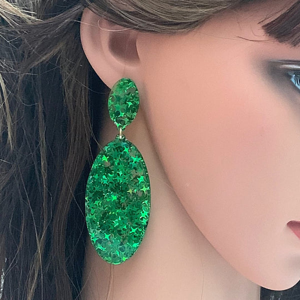 Glitzy Eye-Catching Green OVAL Acrylic Earrings - Ella Moore