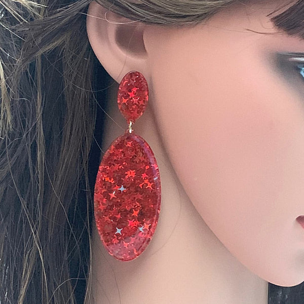 Glitzy Eye-Catching Red OVAL Acrylic Earrings - Ella Moore